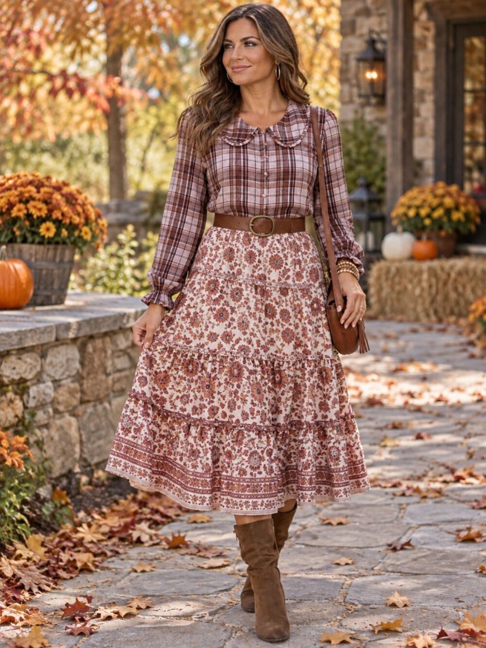 JANE & DELANCEY Boho Blouse Fancy Collar Loop/Button White w/Brown Plaid NWOT XL